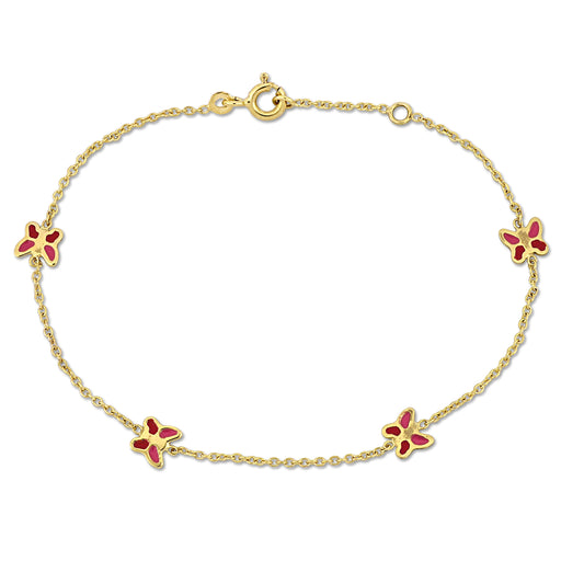 14K Yellow Gold rolo link chain w/ 4 pink Butterfly Bracelet