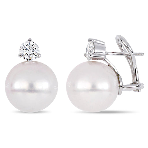 Pearl Clipback Diamond Crown Earrings 18K White Gold