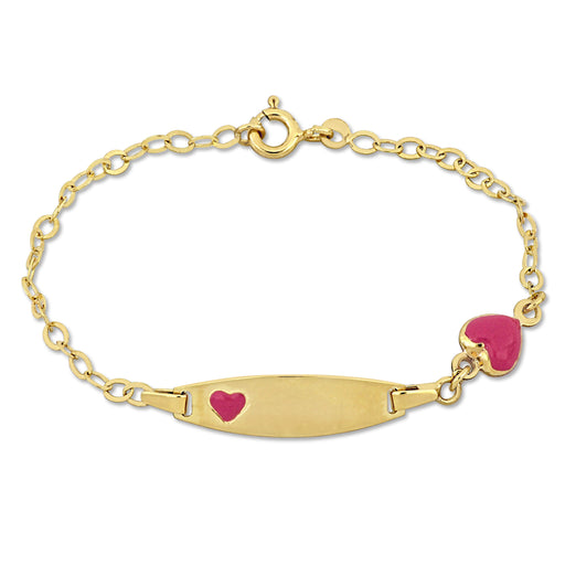 14K Yellow Gold Puff Pink Heart ID Bracelet