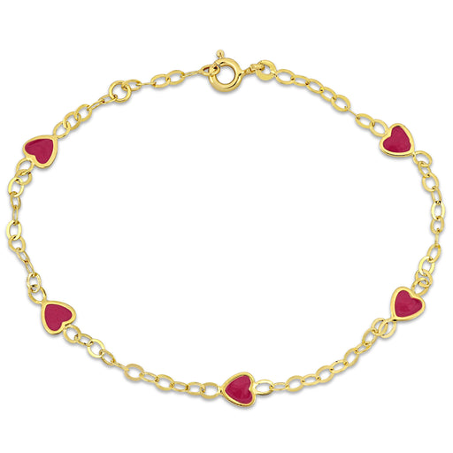 14K Yellow Gold rolo link chain w/5 pink enamel heart charm Bracelet
