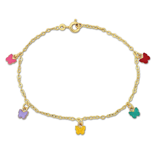 14K Yellow Gold rolo link chain w/6 (pinkpurpleyellowgreenred) butterfly enamel charm Bracelet w/ Spring Ring Clasp Length (INCHES) 6 + 0.5 Ext.