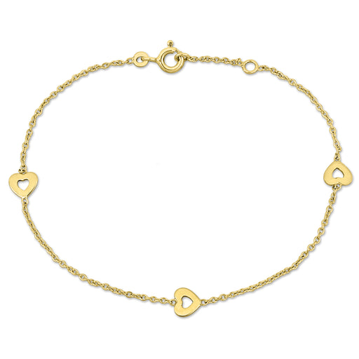 14K Yellow Gold rolo link chain w/3 heart Enamel charm Bracelet