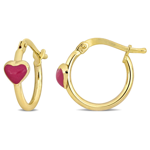 14K Yellow Gold pink enamel heart hoop Earrings