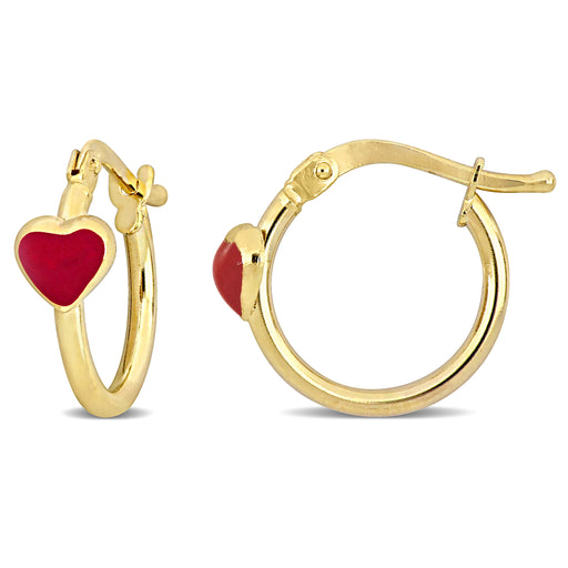 14K Yellow Gold Red enamel Heart hoop Earrings