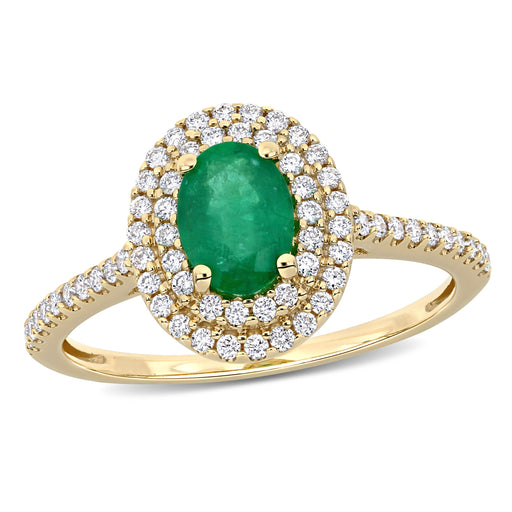 14K Yellow Gold Emerald Oval Cut Diamond Engagement Ring with Double Halo