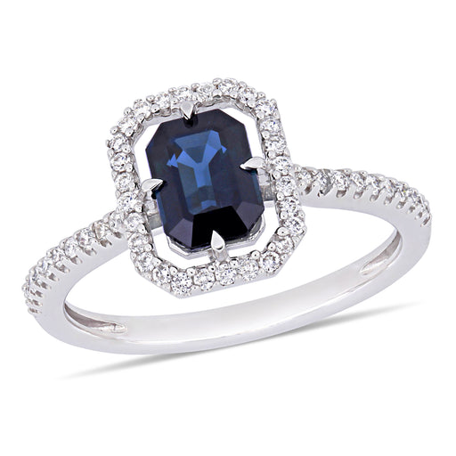Blue Sapphire Diamond Floating Halo Ring 14K White Gold