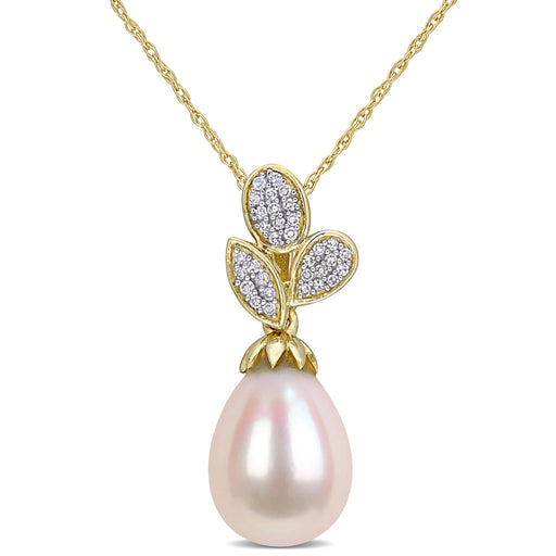 Pearl And Diamond Leaf Drop Pendant