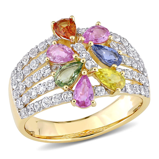 Gemstone Multi-Row Floral Cluster Diamond 14K Yellow Gold Ring