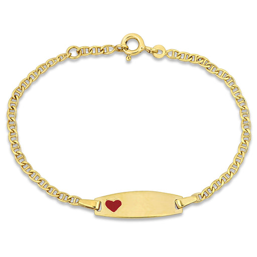 14K Yellow Gold marine link chain w/red enamel heart on ID Bracelet w/ Spring Ring Clasp Length (INCHES) 5 + 0.5 Ext.