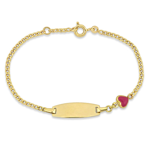 14K Yellow Gold curb link chain w/1 pink heart enamel charm ID Bracelet