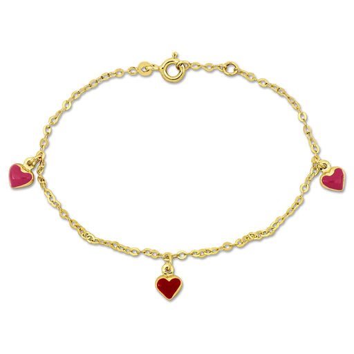 14K Yellow Gold rolo link chain w/2pink +1 red enamel heart charm Bracelet