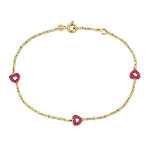 14K Yellow Gold rolo link chain w/3 pink heart charm Bracelet w/ Spring Ring Clasp Length (INCHES) 6.5 + 0.5 Ext.