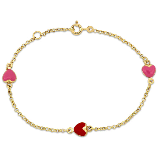 14K Yellow Gold rolo link chain w/2 puff pink+1 red heart charm Bracelet