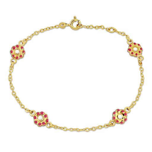 14K Yellow Gold rolo link chain w/4 puff pink+white enamel on both sides Flower Bracelet w/ spring ring Clasp Length (INCHES) 6.5 + 0.5 Ext.