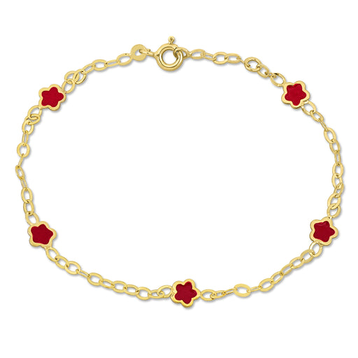 14K Yellow Gold rolo link chain w/5 pink flower enamel Bracelet