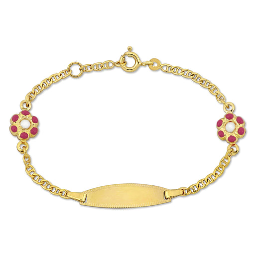 14K Yellow Gold marine link chain w/2 flower pink+white enamel charm ID Bracelet