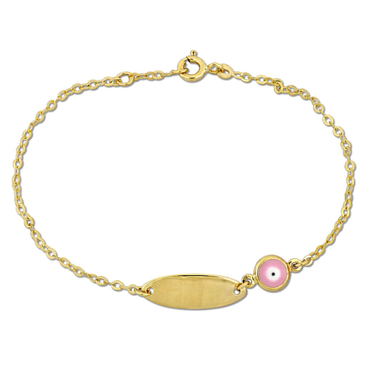 14K Yellow Gold rolo link chain w/1 pink+white enamel evil eye Charm and oval ID Bracelet