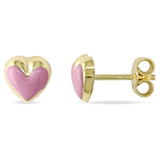 18KY Children's Heart Stud Earrings W/ Pink Enamel