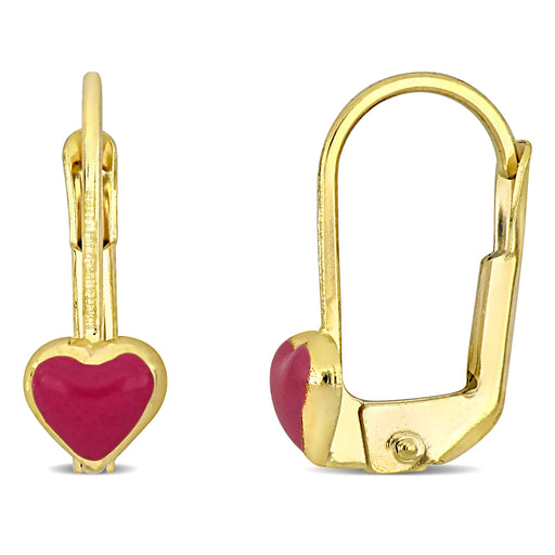 14K Yellow Gold Pink enamel Heart Leverback Earrings