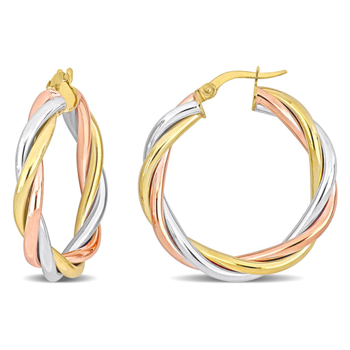 3-Tone White Yellow & Pink Gold Hoop Earrings 14k