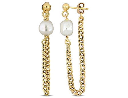 8-8.5 mm Cultured Freshwater Pearl Earring With Curb Chain In Yellow Gold Plated Sterling SIlver