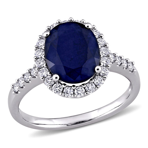 14K White Gold Blue Sapphire Diamond Halo Ring