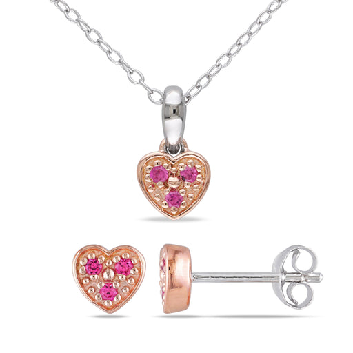 2Pc Set of 1/6 CT TGW Created Pink Sapphire Fashion Earrings & Pendant with Chain Silver Pink