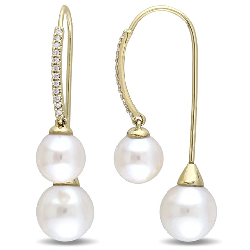 14K Yellow Gold Diamond Pearl Dangle Earrings