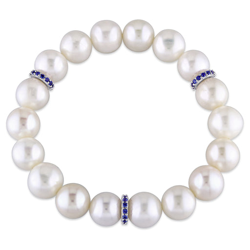 Created Blue Sapphire - White Freshwater  Cultured Pearl Bracelet Silver Length (inches): 7