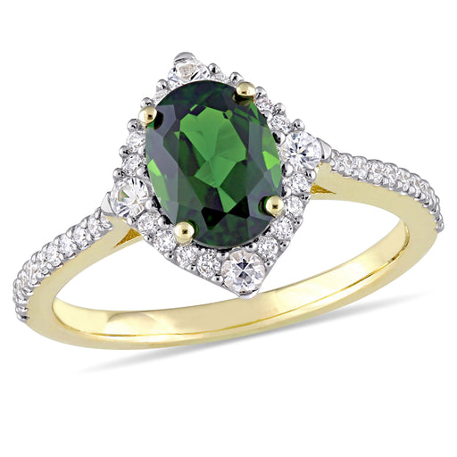 14K Yellow Gold Chrome Diopside Ring with Gemstone Halo
