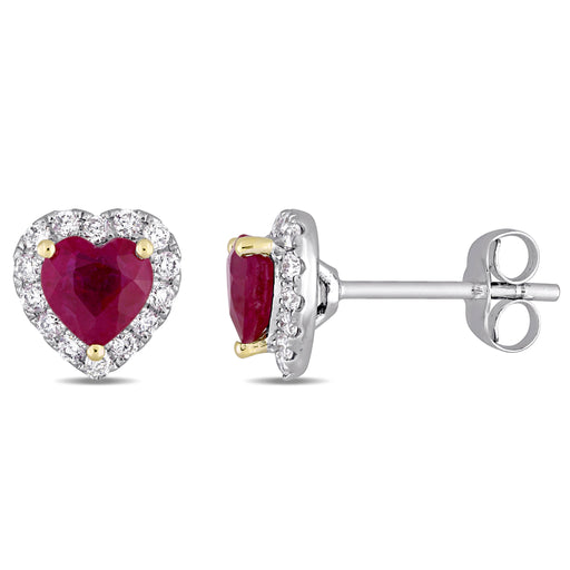 Two-Tone Ruby Heart Diamond Stud Earrings