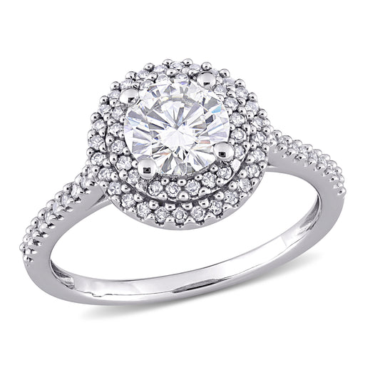 14K White Gold Moissanite and Double Halo Diamond Set Engagement Ring