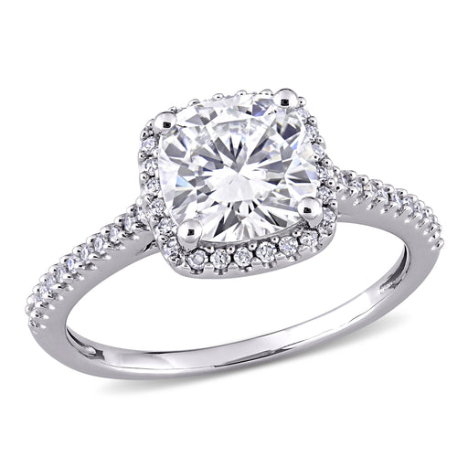 14K White Gold Moissanite and Diamond Set Engagement Ring Cushion Cut