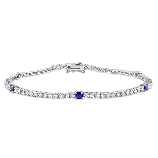 14k White Gold Round Cut Diamond Blue Sapphire Bracelet