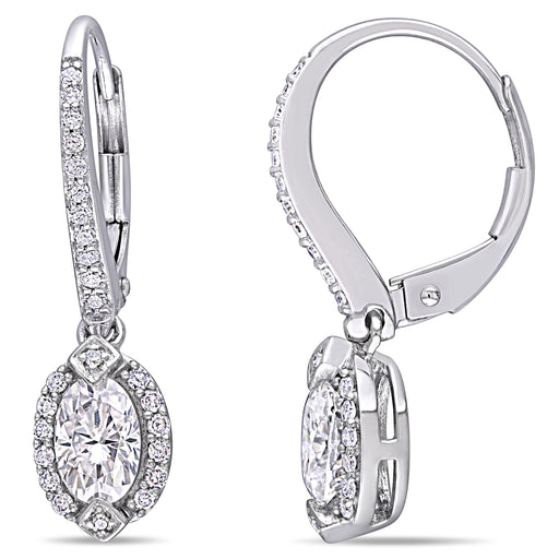 Moissanite and Diamond Oval Halo Drop Leverback Earrings