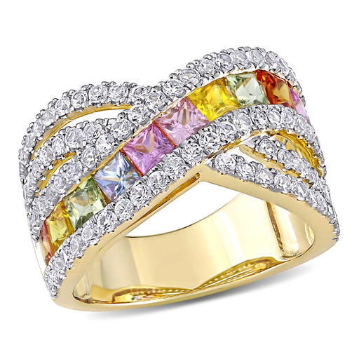 Gemstone Multi-Row Crossover Design Diamond 14K Yellow Gold Ring