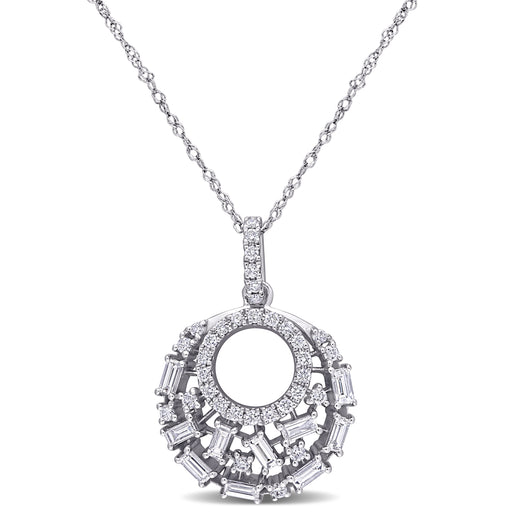 14K White Gold Cluster Baguette Cut Diamond Pendant Chain Necklace