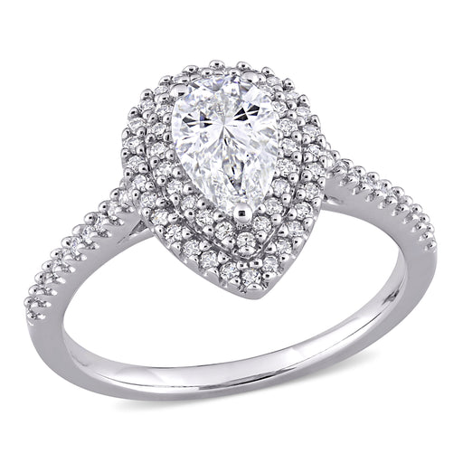 14K White Gold Pear Shaped Moissanite and Double Halo Diamond Set Engagement Ring