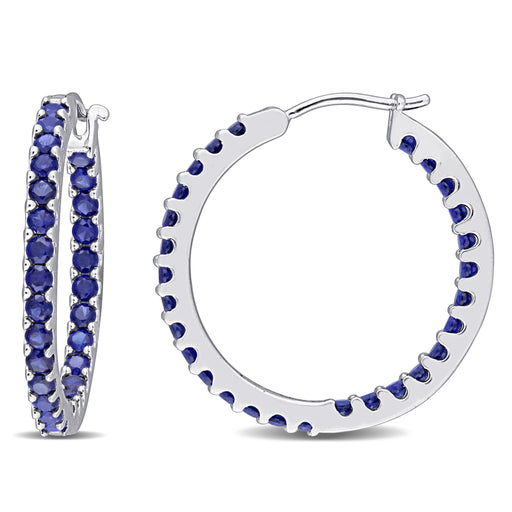 2 4/5 CT TGW Created Blue Sapphire Hoop Earrings 10k White Gold