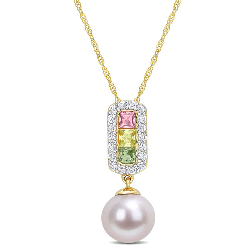 14K Yellow Gold Multi Colored Gemstone and Pearl Pendant Necklace