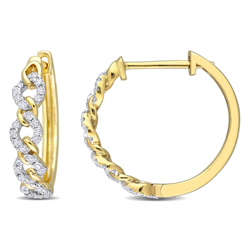 1OK Yellow Gold Round Diamond Cuban Curb Link Hoop Earrings
