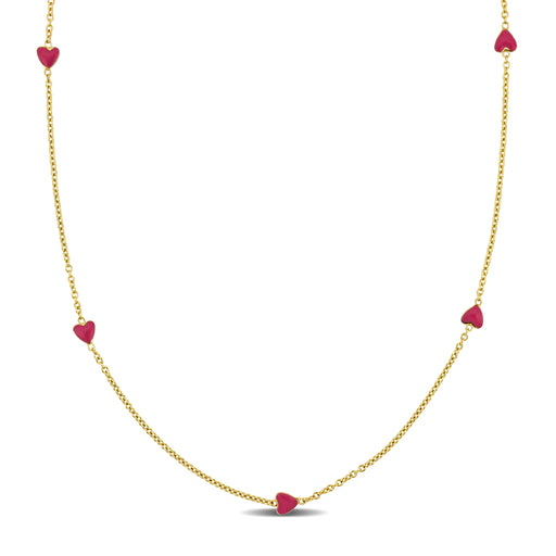 14K Yellow Gold rolo link chain w/5 pink heart enamel Charms Necklace
