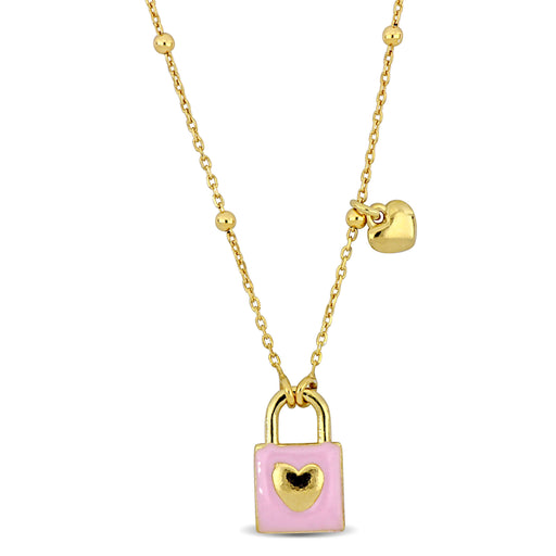 Silver Yellow pink enamel Lock and Heart Charm Necklace