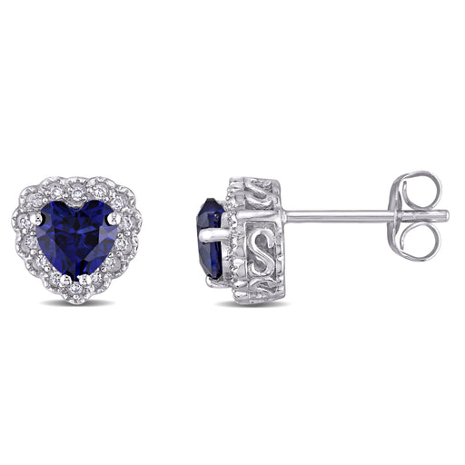 Created Blue Sapphire and Diamond Heart Earrings
