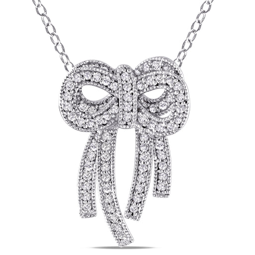 14K White Gold Bow Shaped Diamond Pendant Chain Necklace