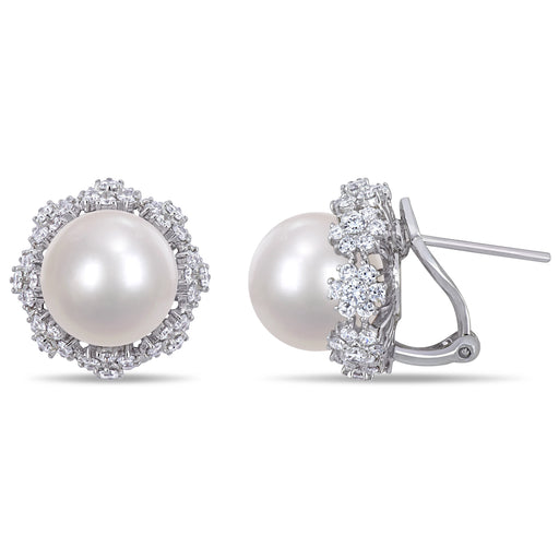 Pearl and Diamond Cluster Halo 14K White Gold Earrings