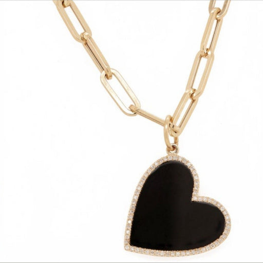 Diamond Onyx Heart Pendant Paperclip Necklace